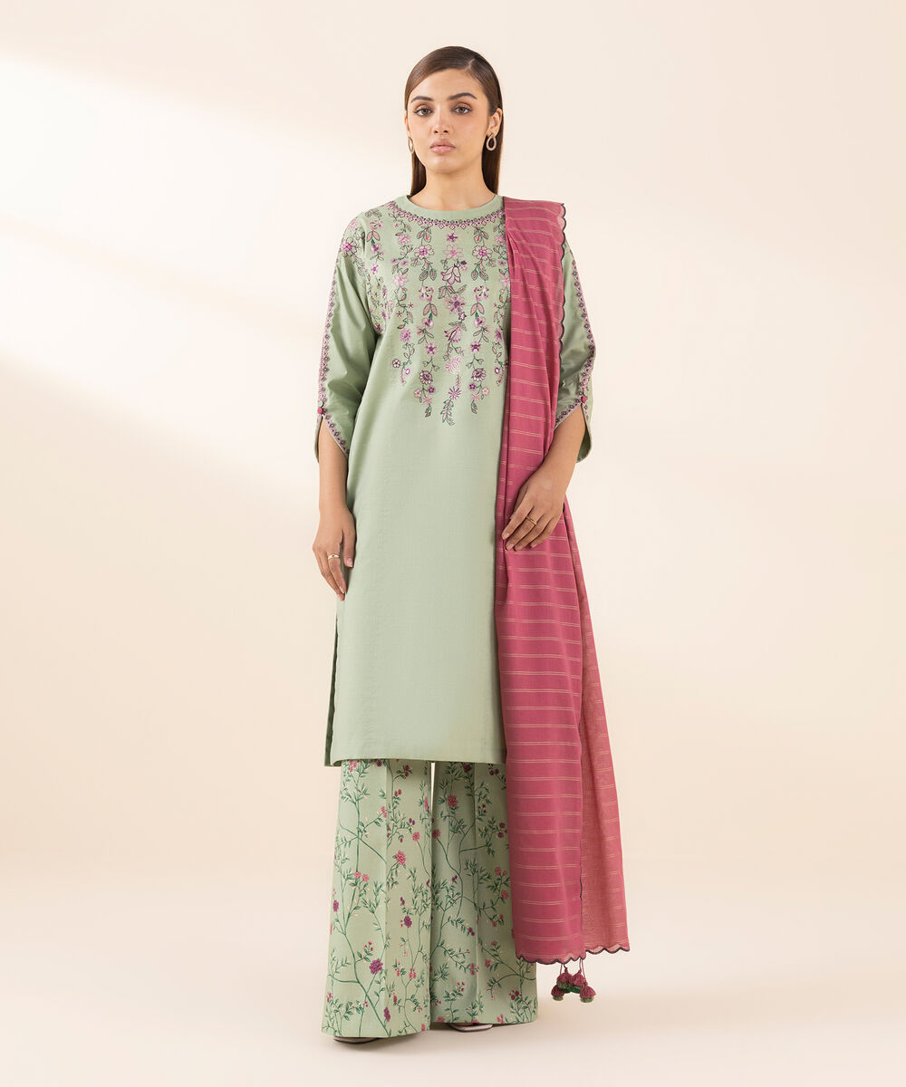 Women's Unstitched Lawn Embroidered Green 3 Piece Suit