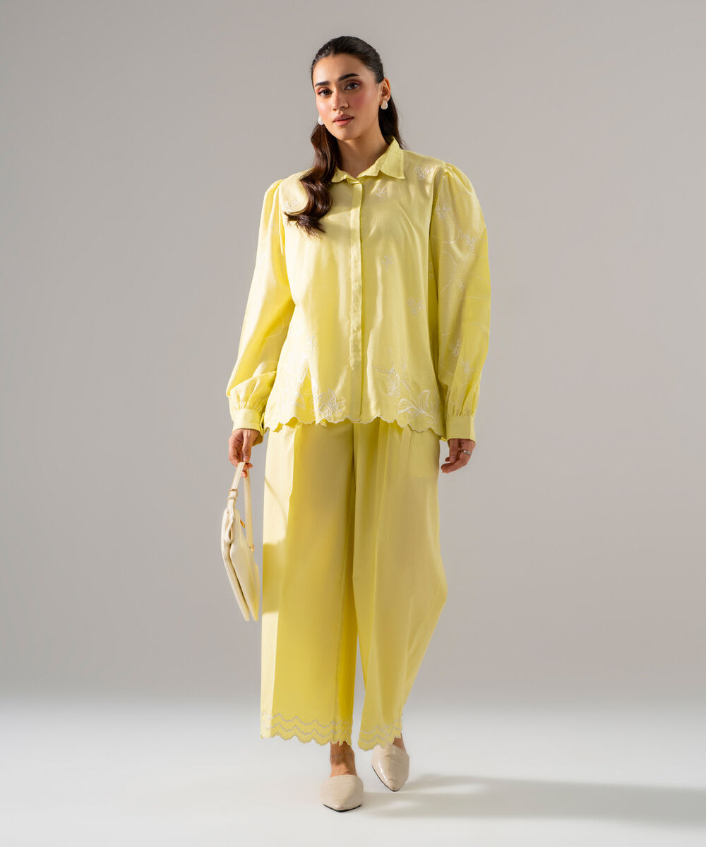 Women's RTW Dobby Solid Embroidered Pale Yellow 2 Piece Suit