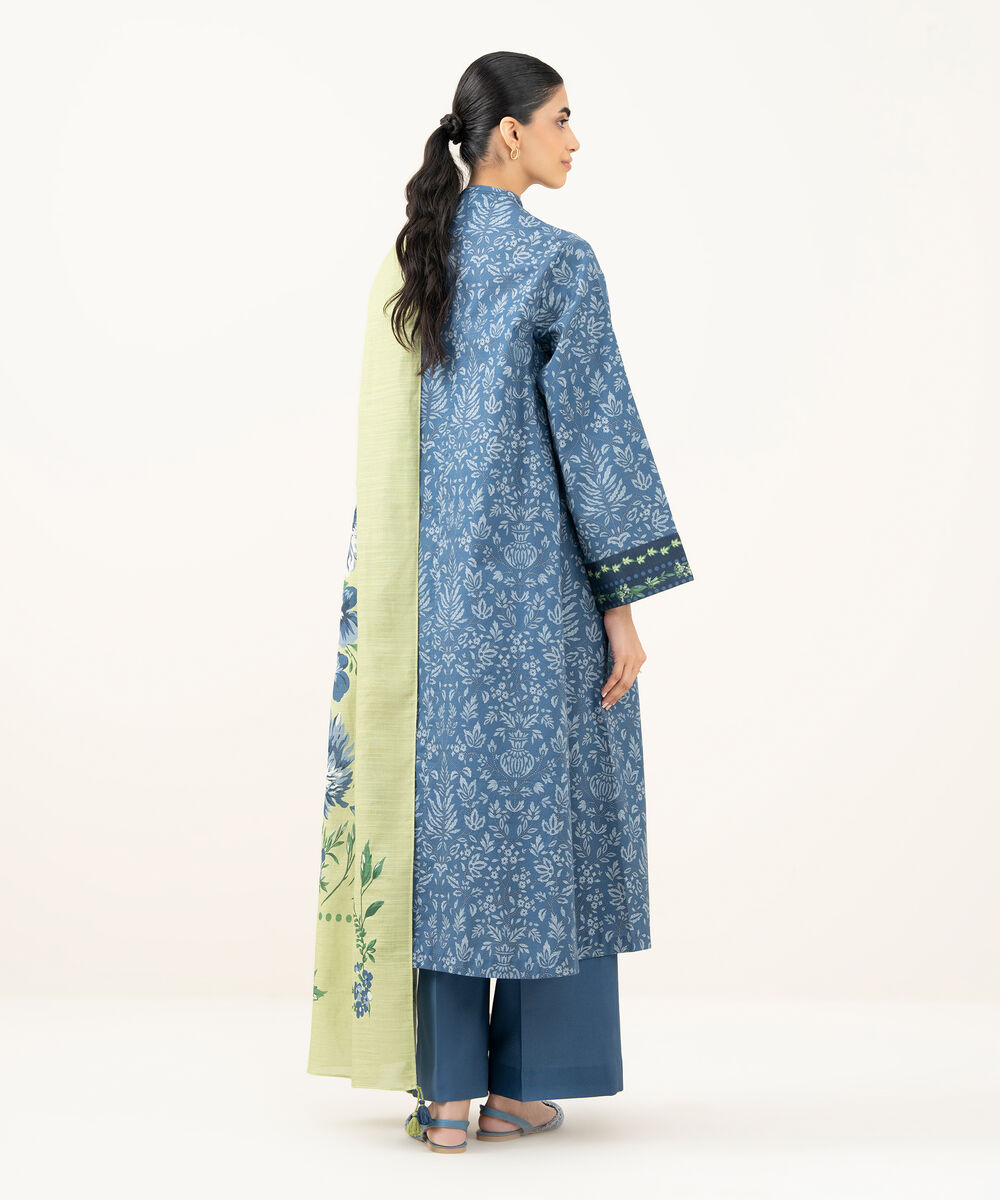 Women's Unstitched Printed Dobby Blue 3 Piece Suit