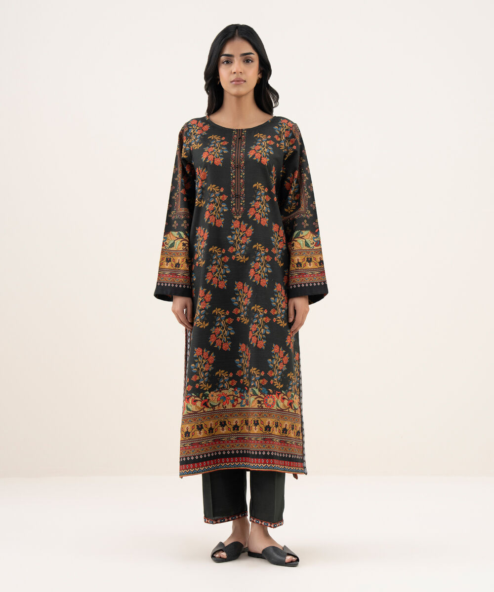 Women's RTW Khaddar Embroidered A-Line Black Shirt