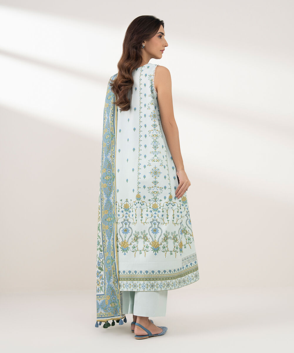 Women's Unstitched Lawn Printed Blue 3 Piece Suit