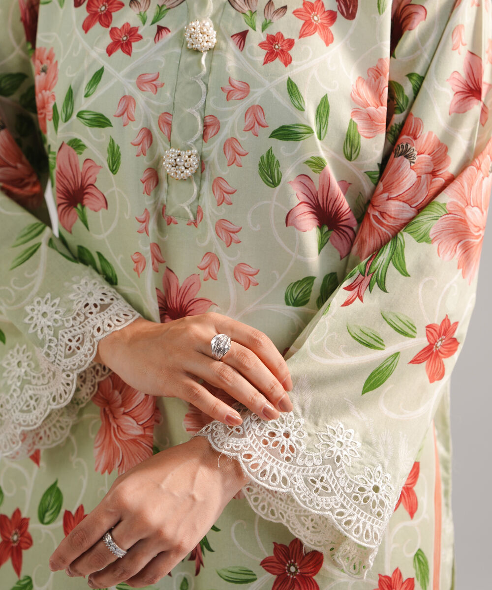 Women's RTW Lawn Embroidered Mint Green Straight Shirt