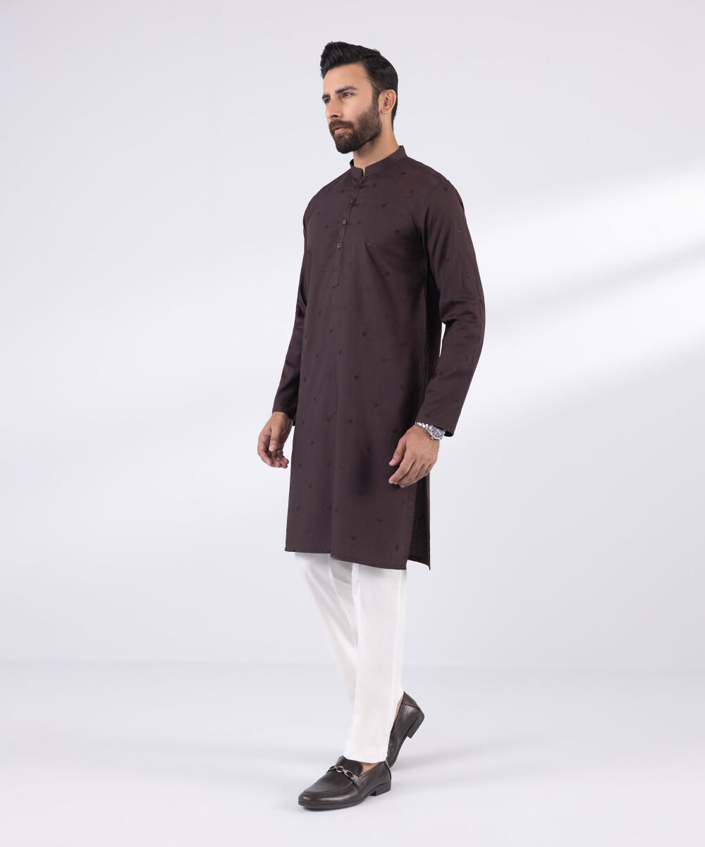 Men's Blended Stitched Embroidered Maroon Kurta