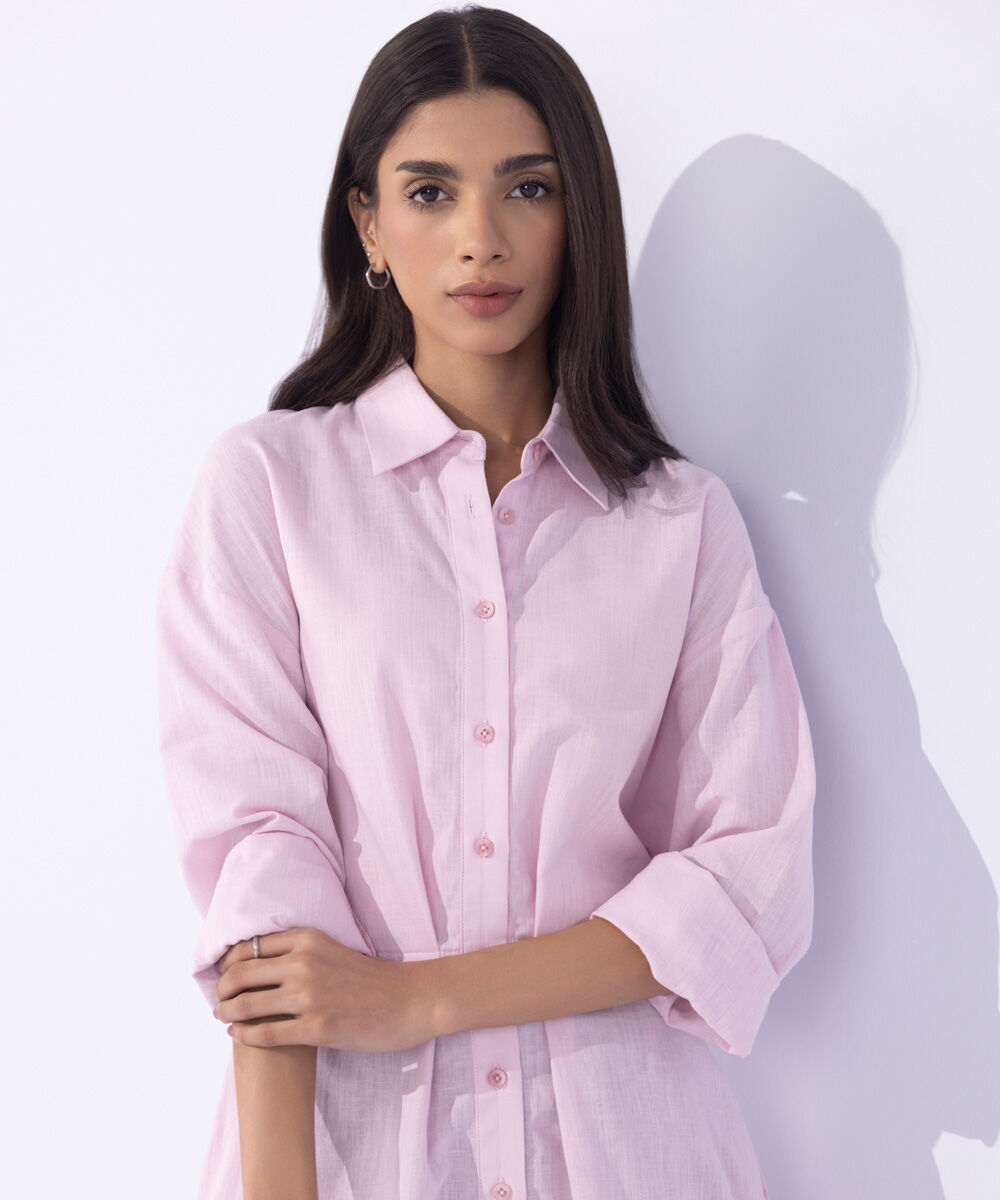 Women's Western Wear Pink Button- Through Linen Blend Dress