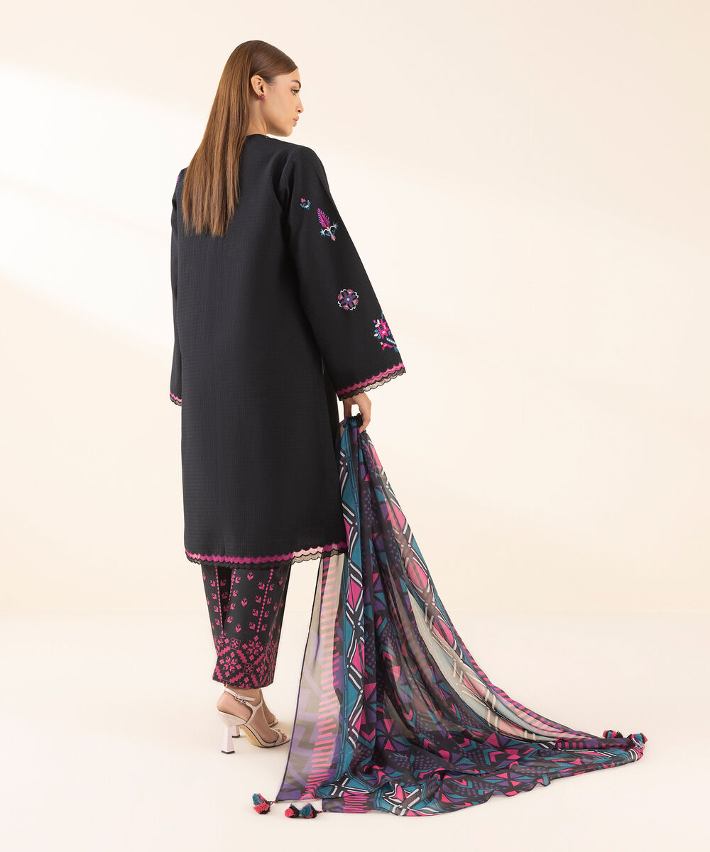 Women's Unstitched Dobby Embroidered Black 3 Piece Suit