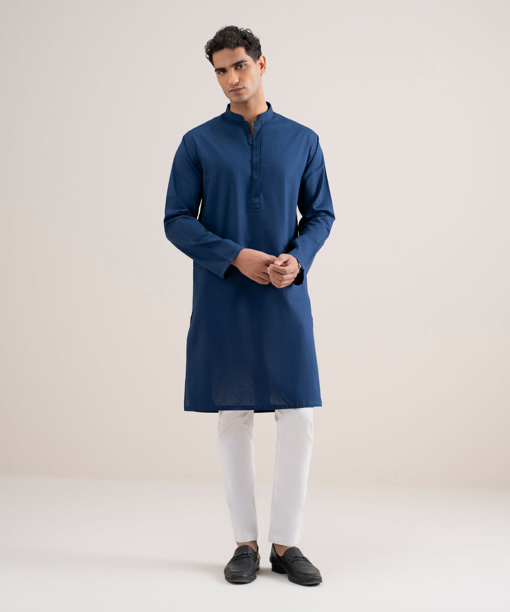 Men's Stitched Cotton Jacquard Royal Blue Kurta