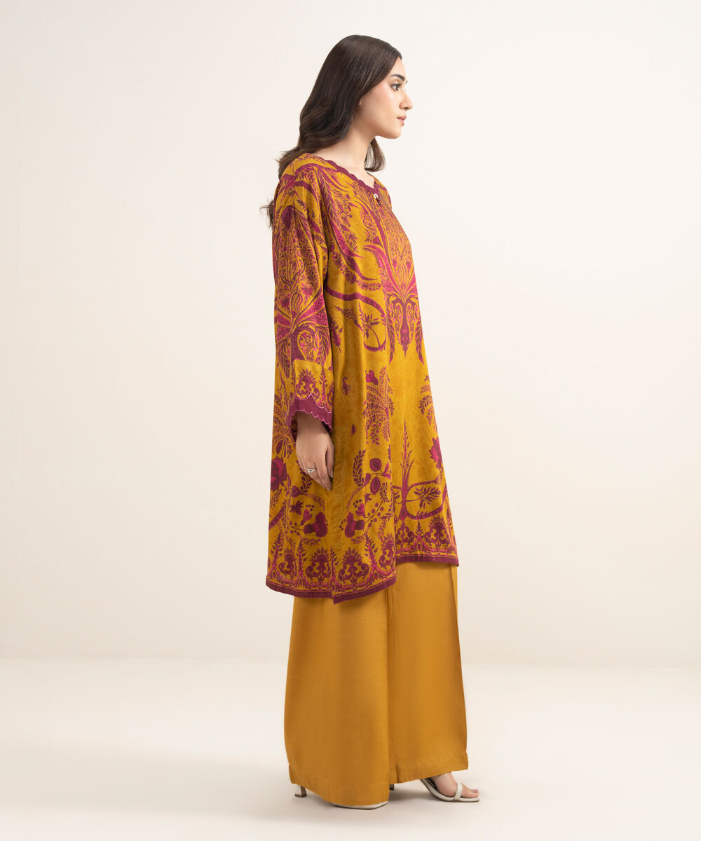 Women's RTW Premium Visocose Satin Embroidered Mustard Brown 2 Piece Suit