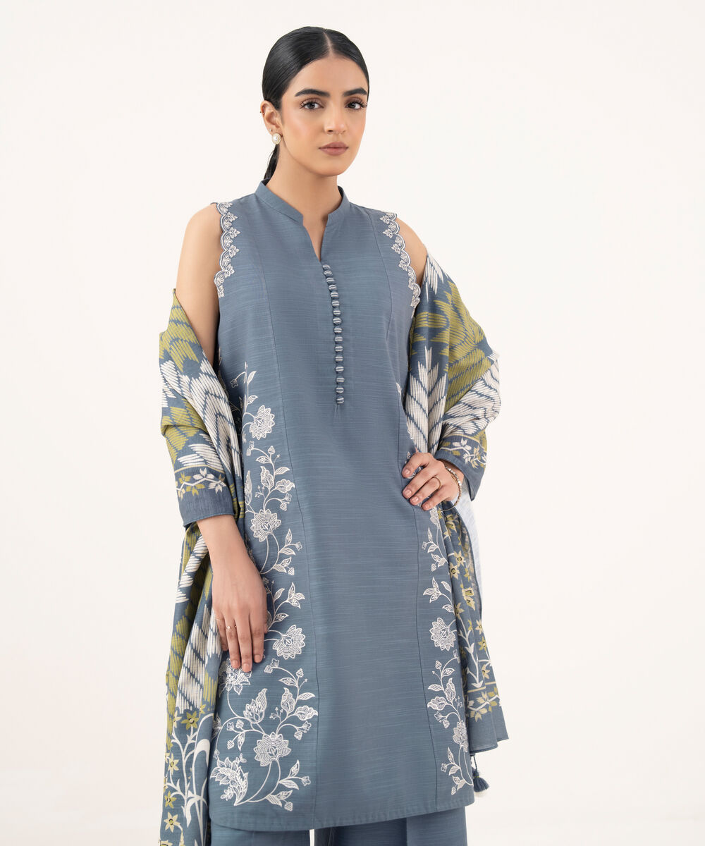 Women's Unstitched Light Khaddar Embroidered Grey 3 Piece Suit