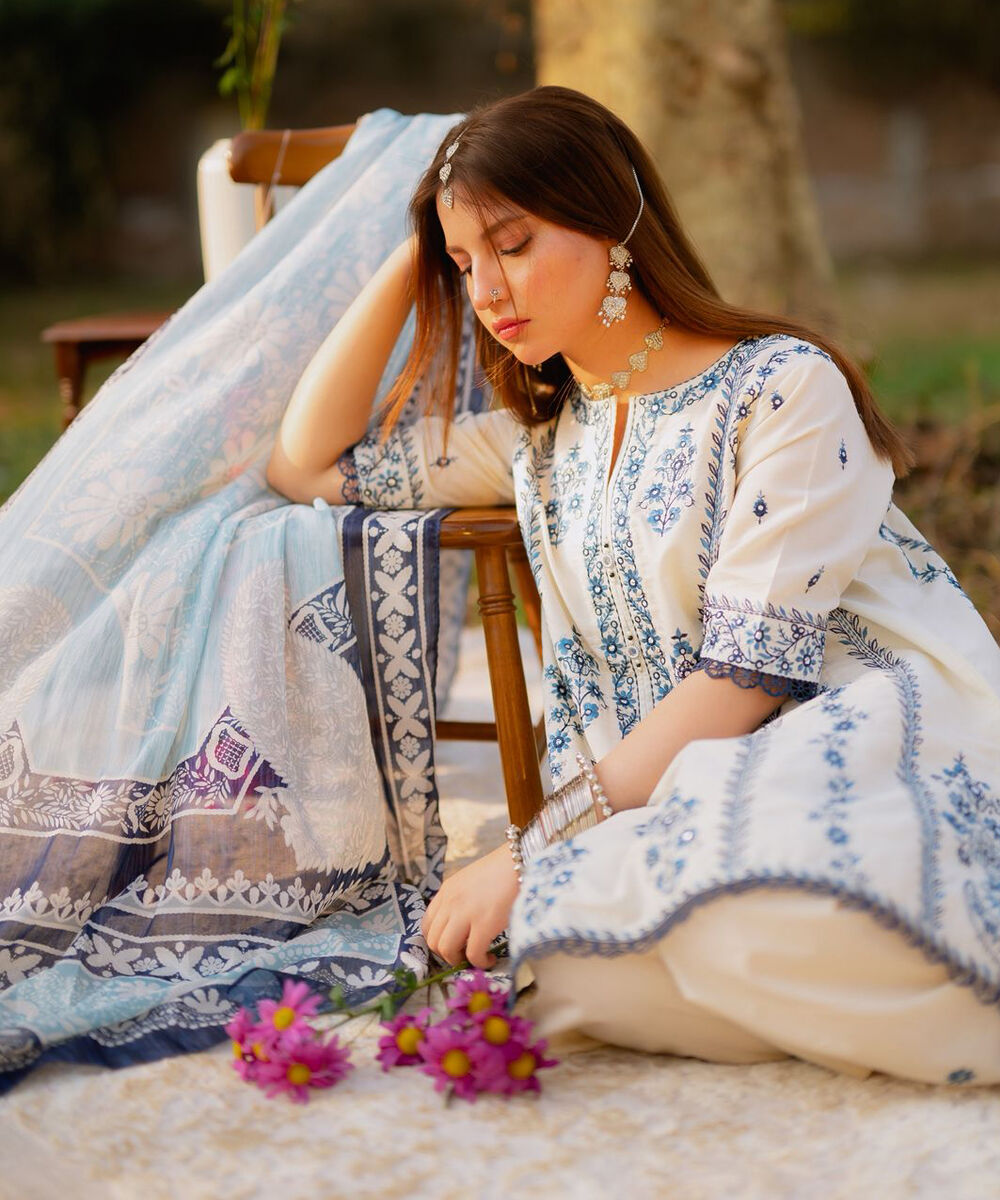 Women's RTW Zari Cotton Embroidered Blue 3 Piece Suit