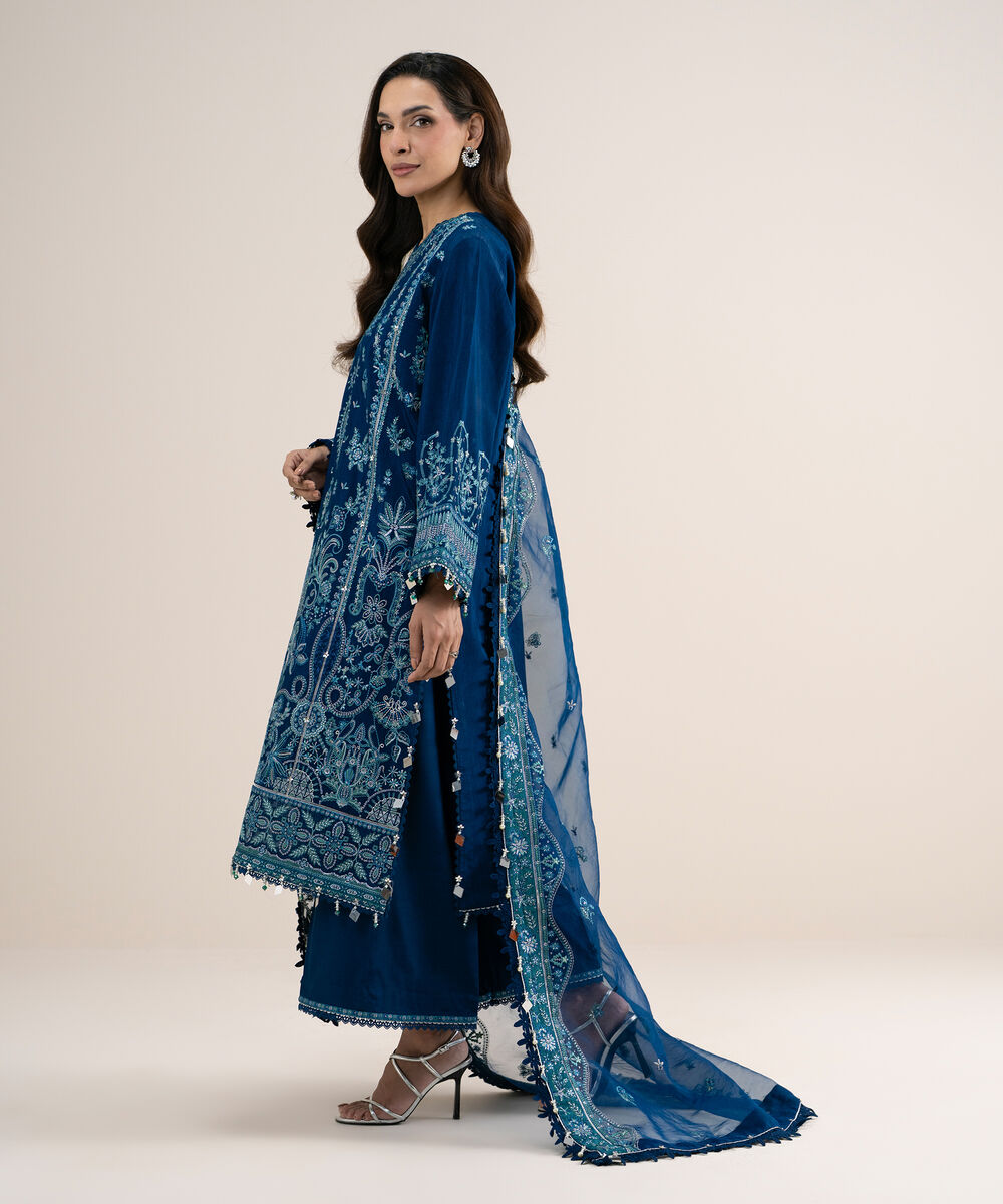 Women's Unstitched Embroidered Viscose Raw Silk Blue 3 Piece Suit