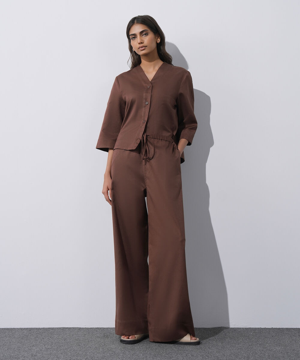 Women's Western Wear Brown Linen Blend Pull On Trousers
