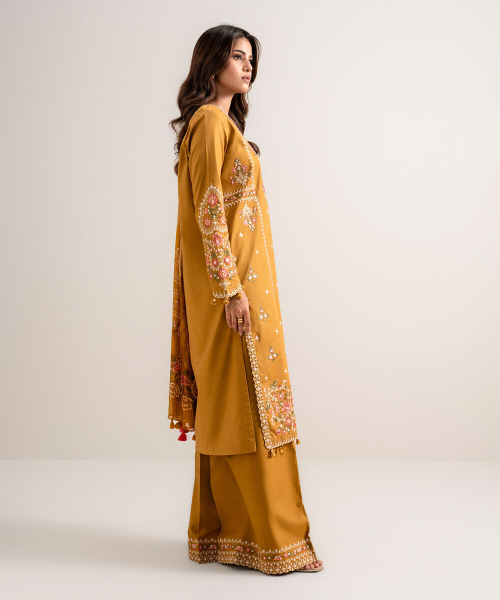 Women's Unstitched Embroidered Cotton Viscose Mustard 3 Piece Suit