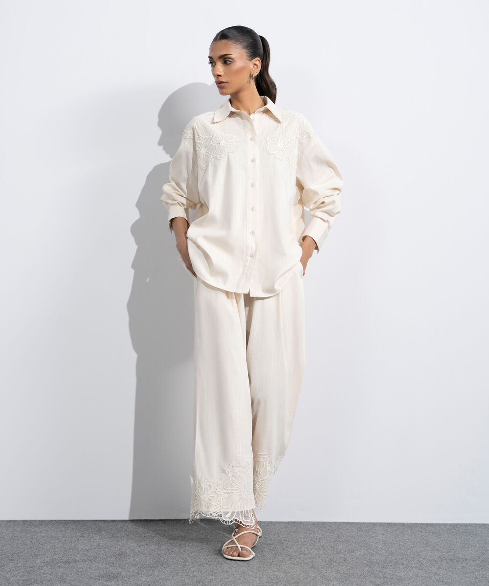 Women's Western Off-white Relaxed-Fit Embroidered Shirt