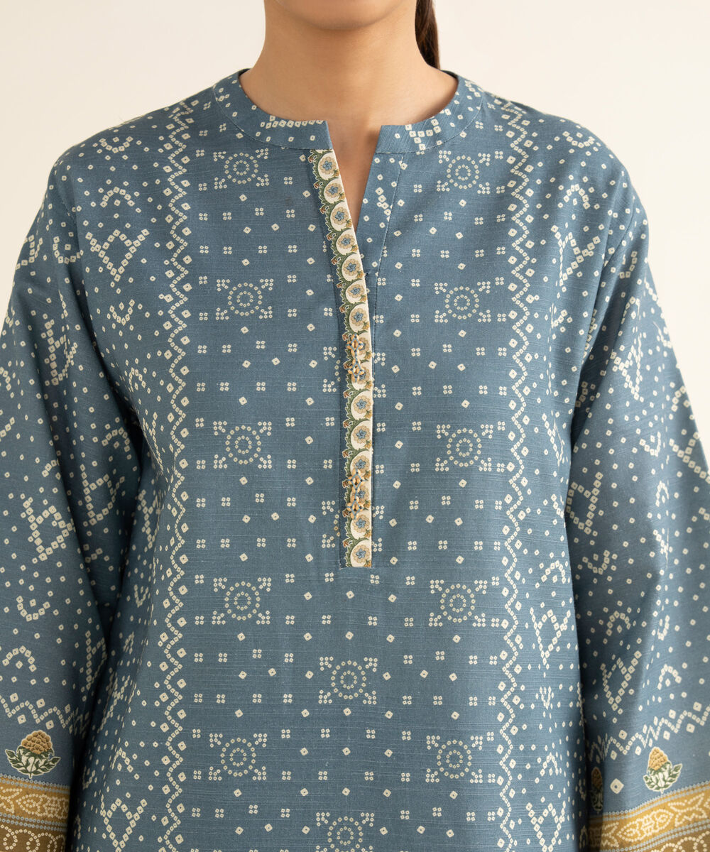 Women's Unstitched Cotton Printed Blue 3 Piece Suit