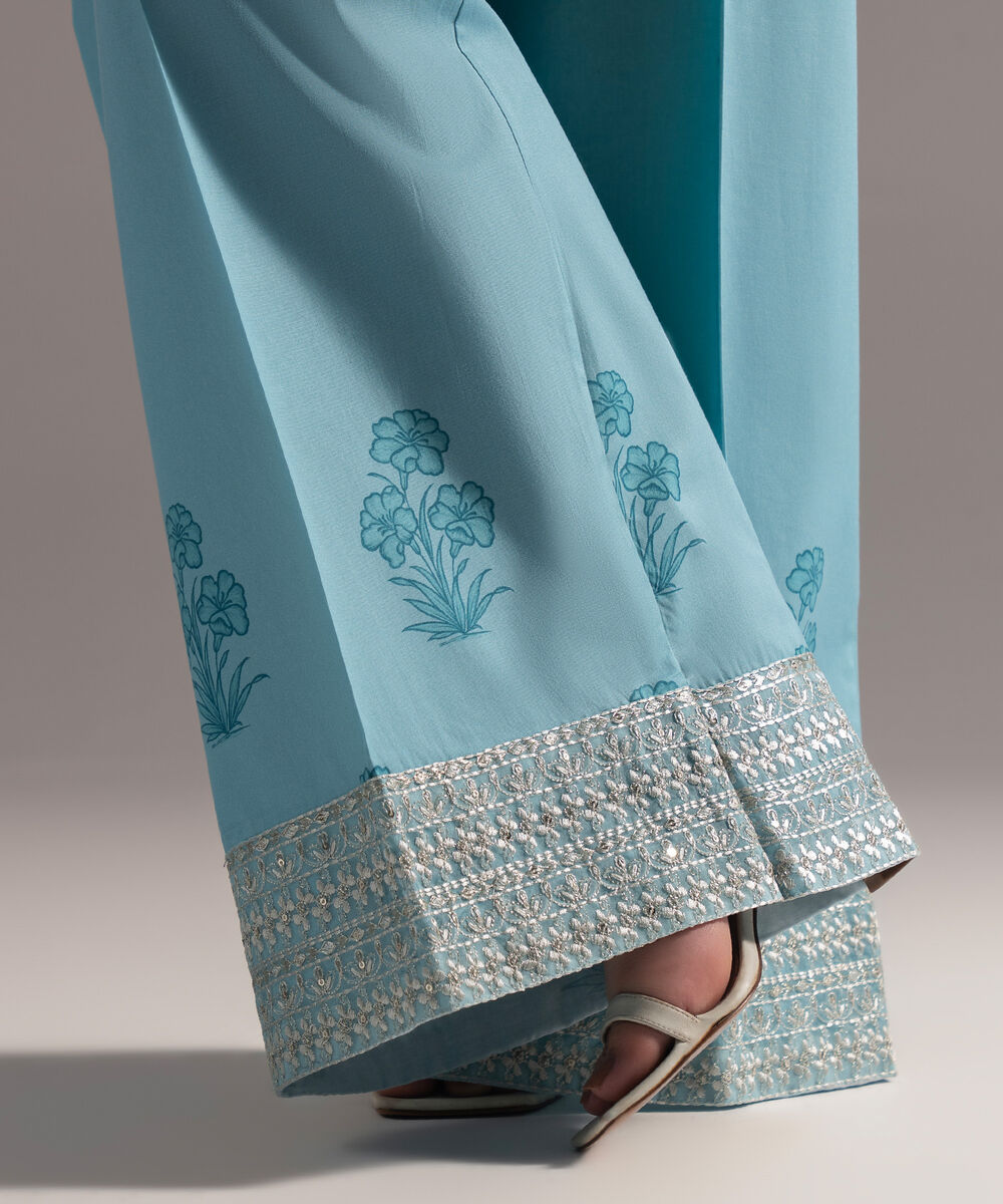 Women's RTW Cambric Embroidered Blue Flared Pants