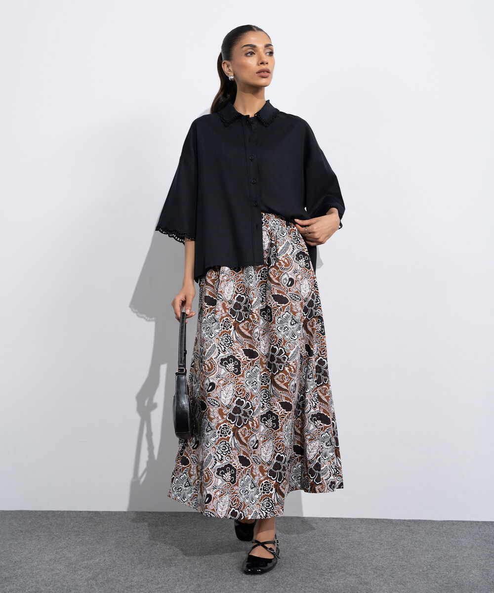 Women's Western Multi Printed Skirt With Panels Details
