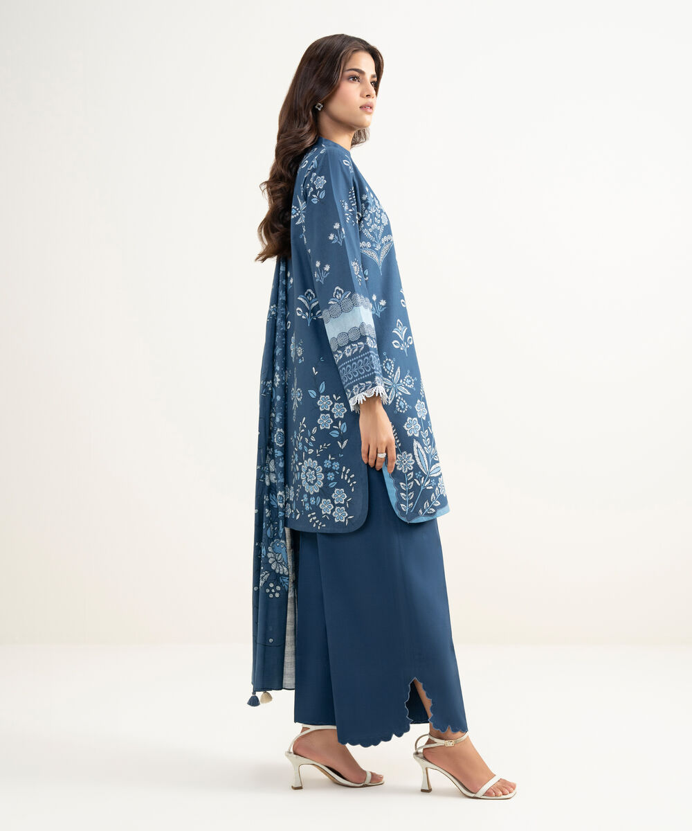 Women's Unstitched Lawn Printed Blue 3 Piece Suit