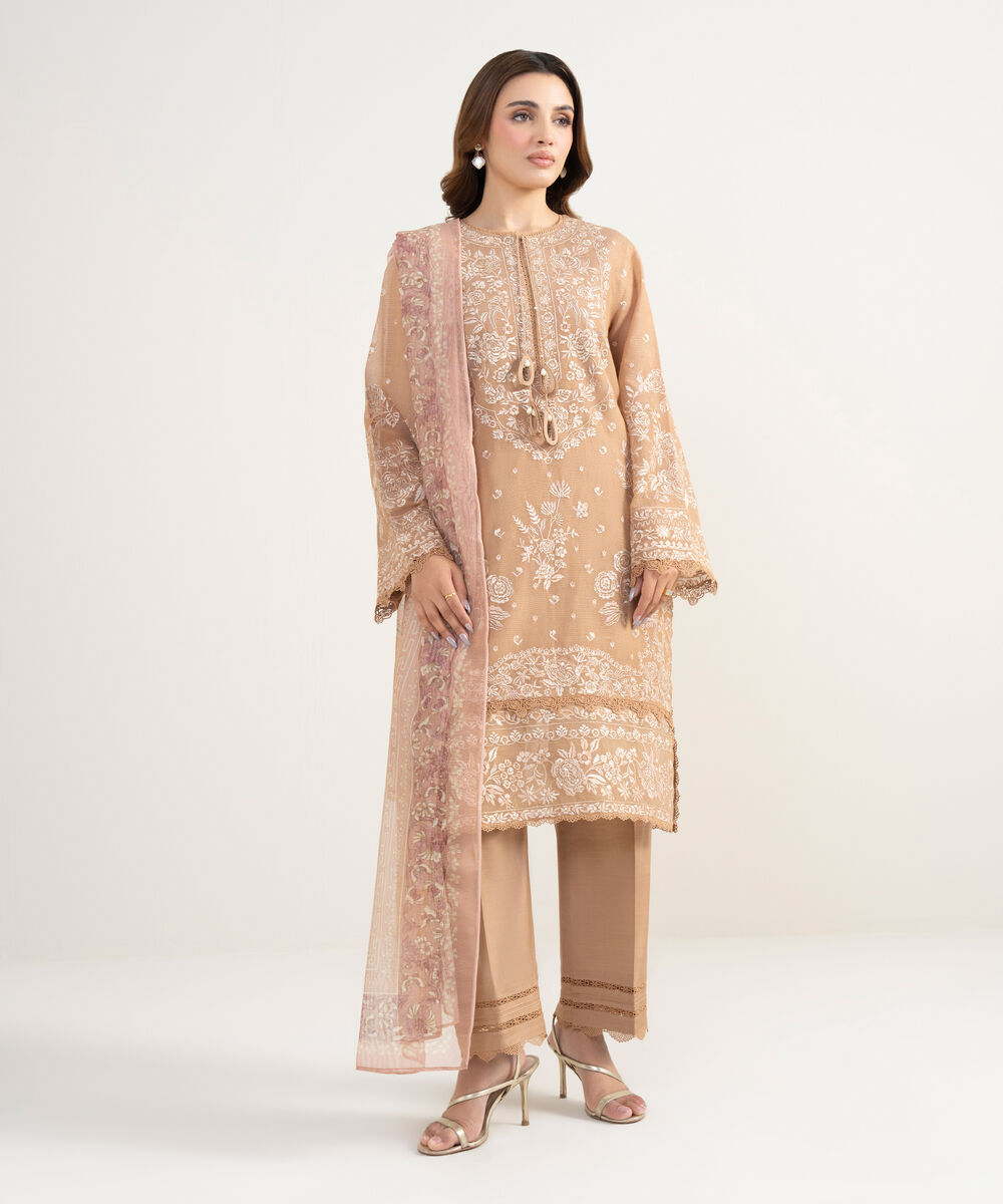 Women's Unstitched Blended Viscose Khaddi Net Embroidered Beige 3 Piece Suit