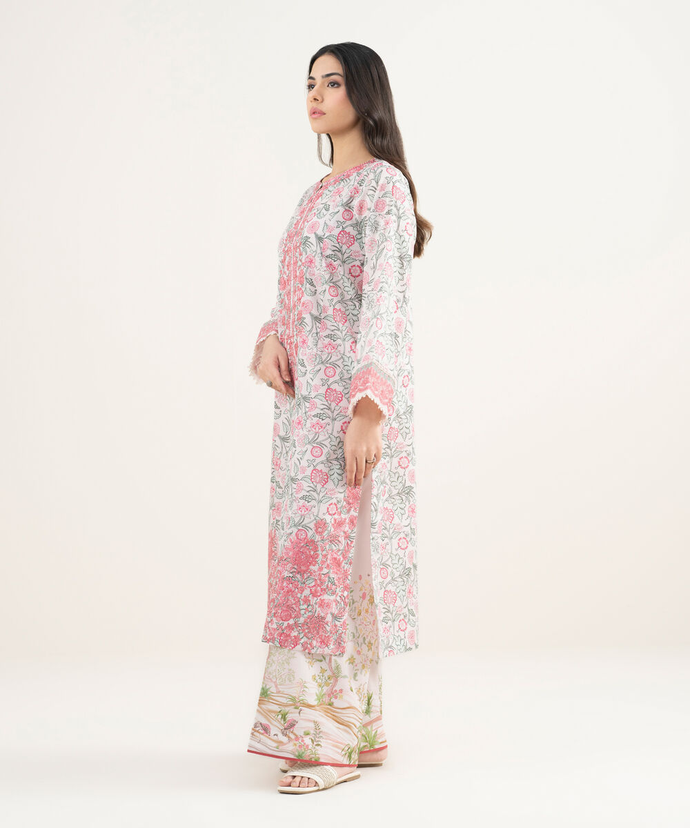 Women's RTW Slub Lawn Embroidered Pink A-Line Shirt