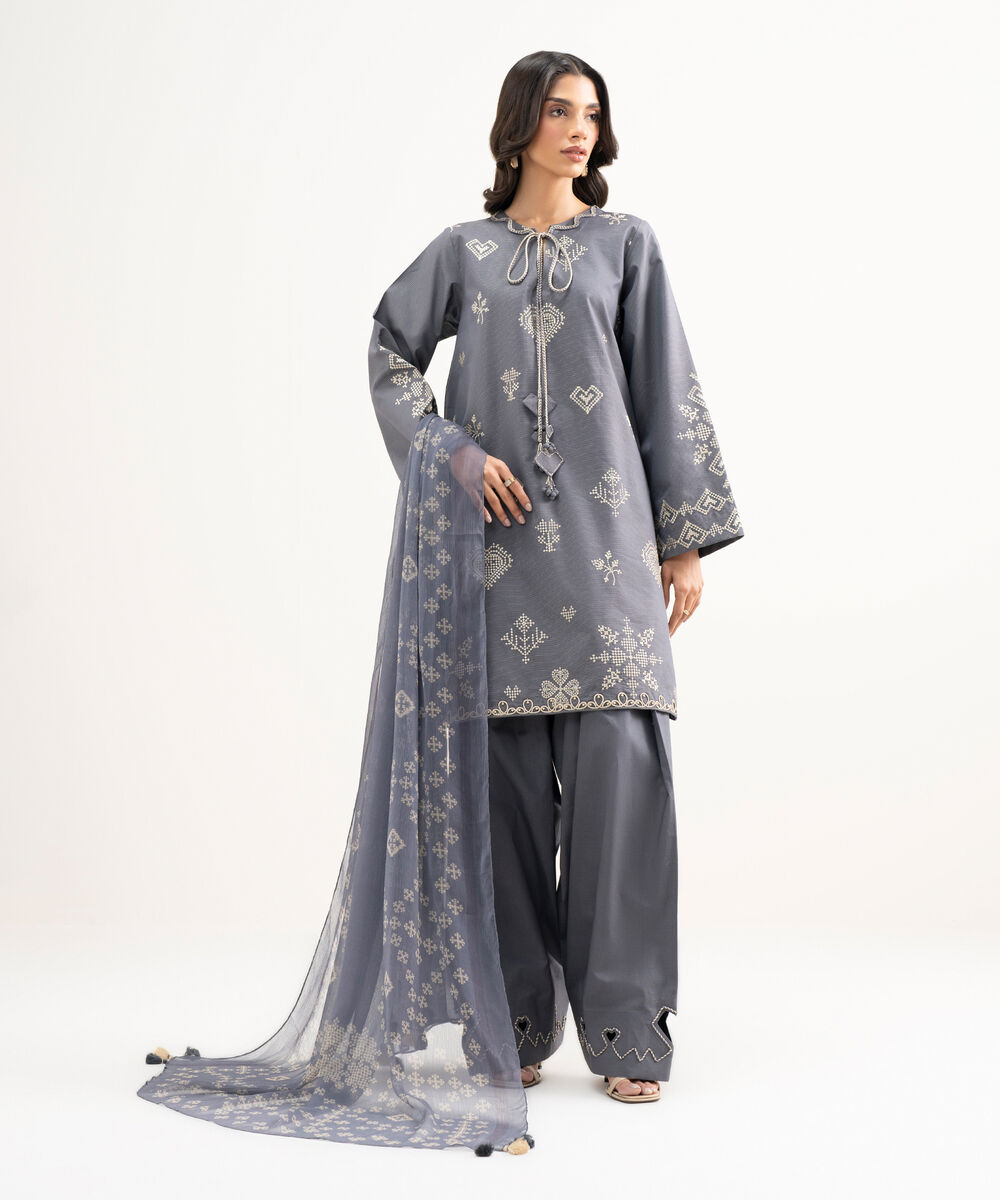 Women's Unstitched Zari Lawn Embroidered Grey 3 Piece Suit