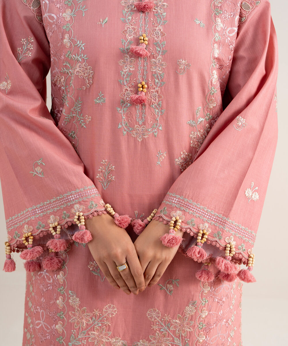 Women's Unstitched Textured Lawn Embroidered Pink 3 Piece Suit