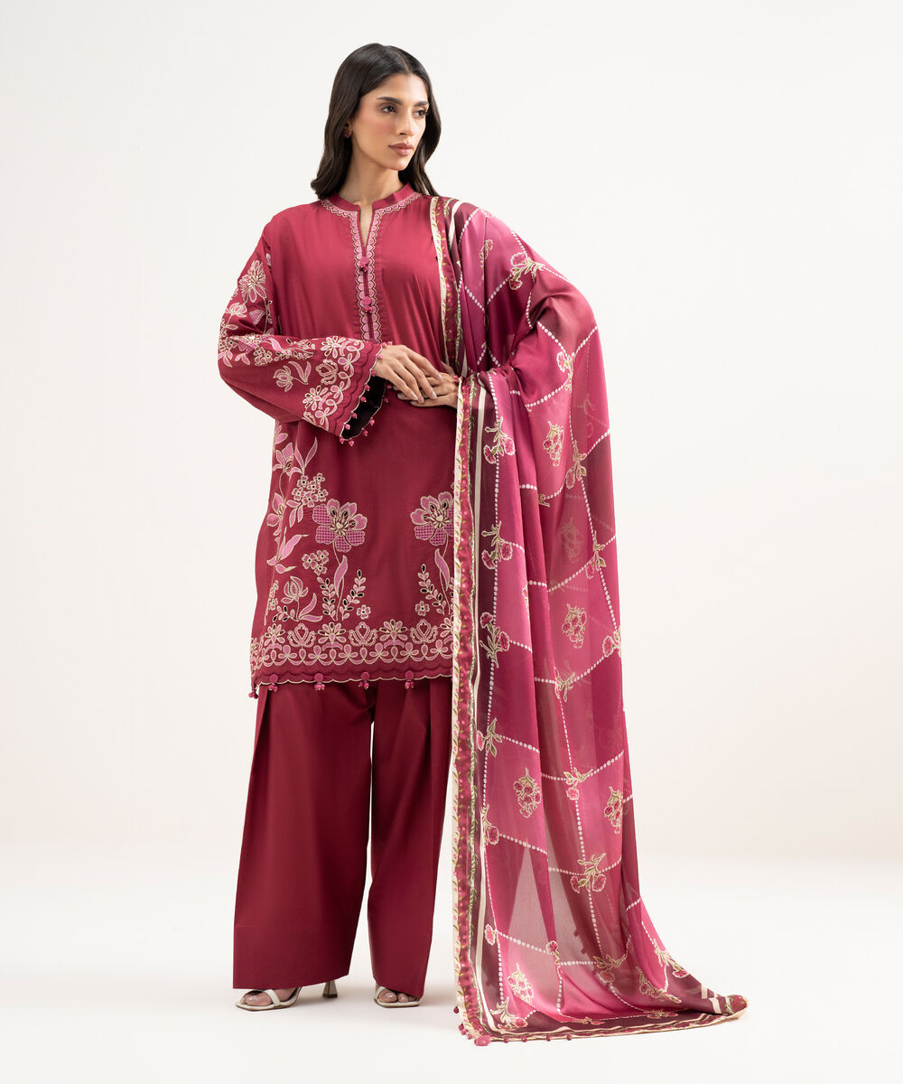 Women's Unstitched Textured Lawn Embroidered Pink 3 Piece Suit