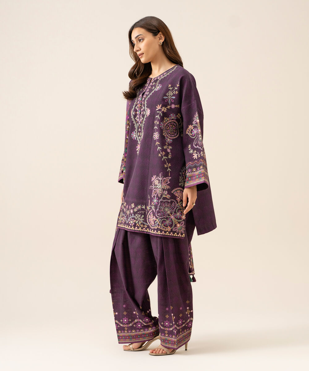 Women's Unstitched Light Khaddar Embroidered Plum 3 Piece Suit