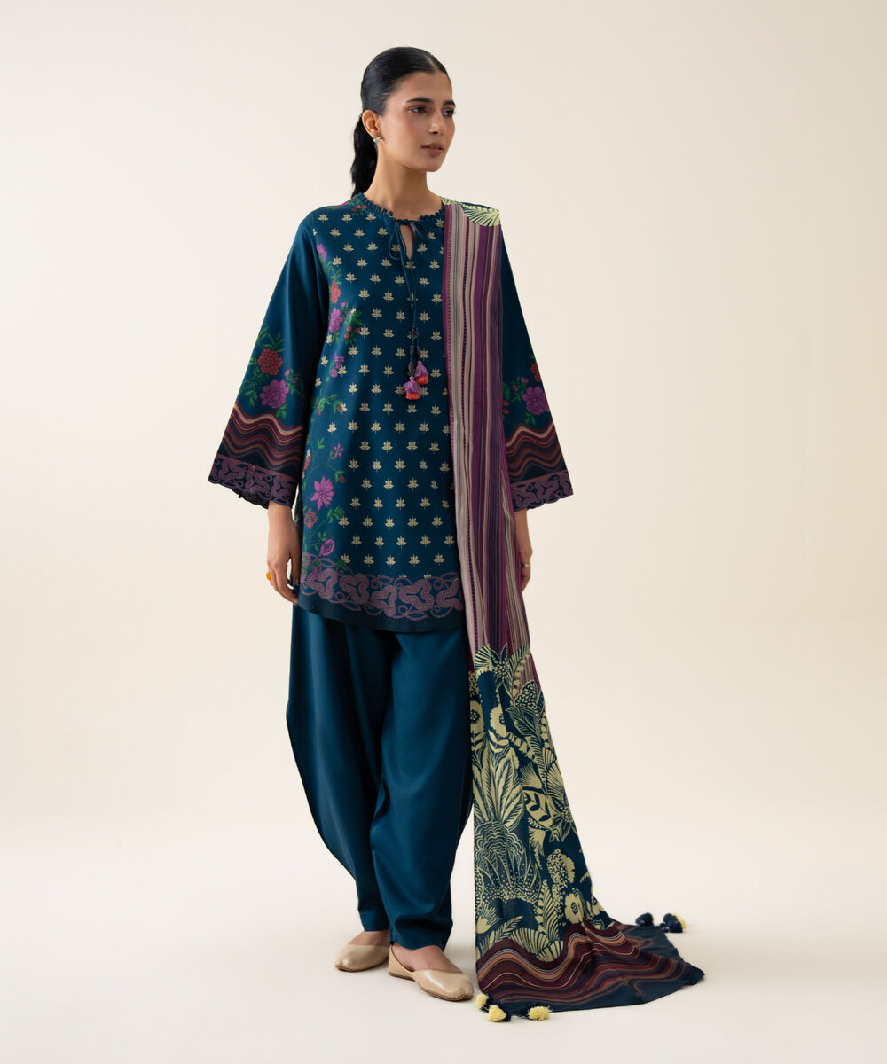 Womens Unstitched Viscose Linen Printed Dark Blue 3 Piece Suit