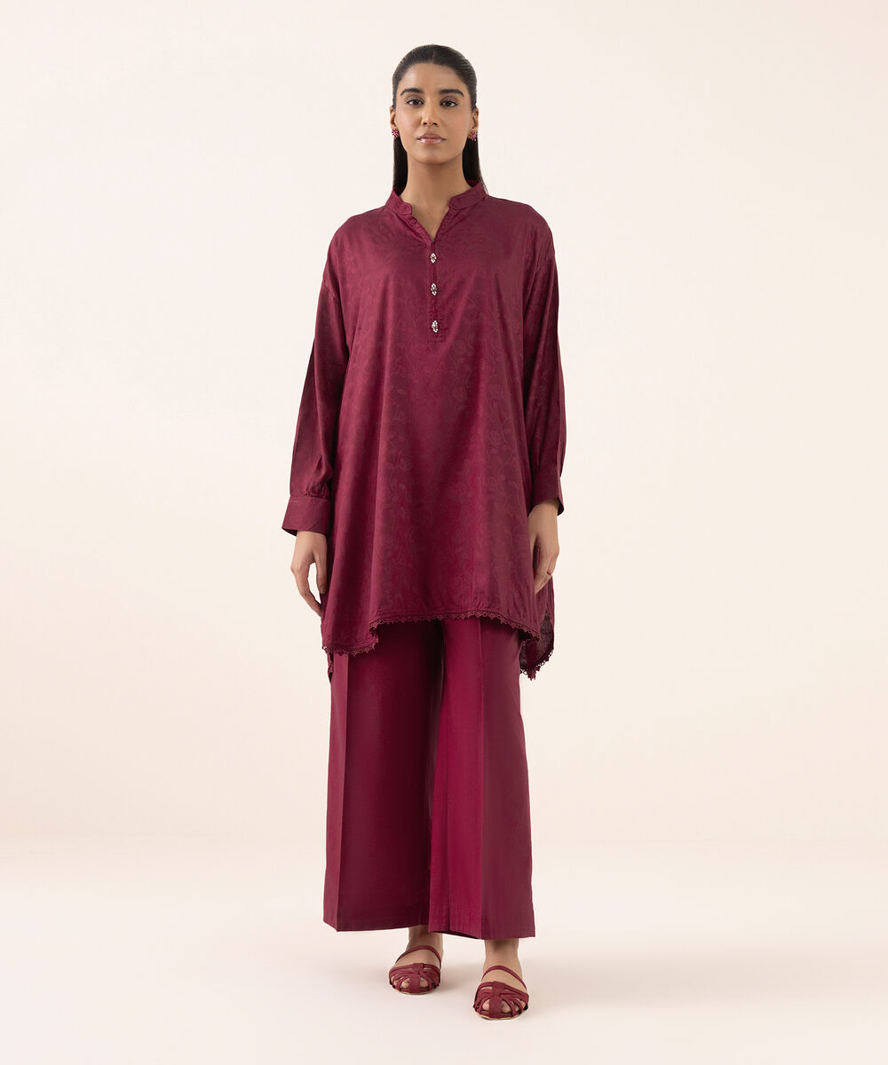 Women's RTW  Arabic Self Jacquard Leno  Pink Dyed Drop Shoulder Shirt