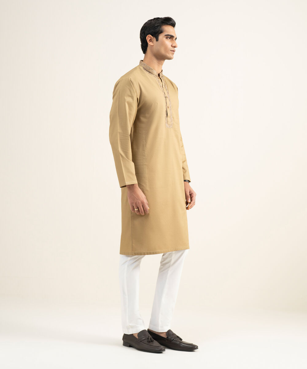 Men's Stitched Cotton Jacquard Khaki Kurta