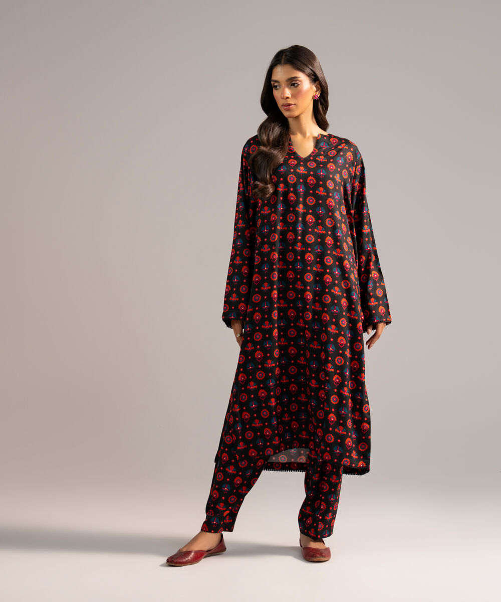 Women's RTW Arabic Lawn Printed Black 2 Piece Suit