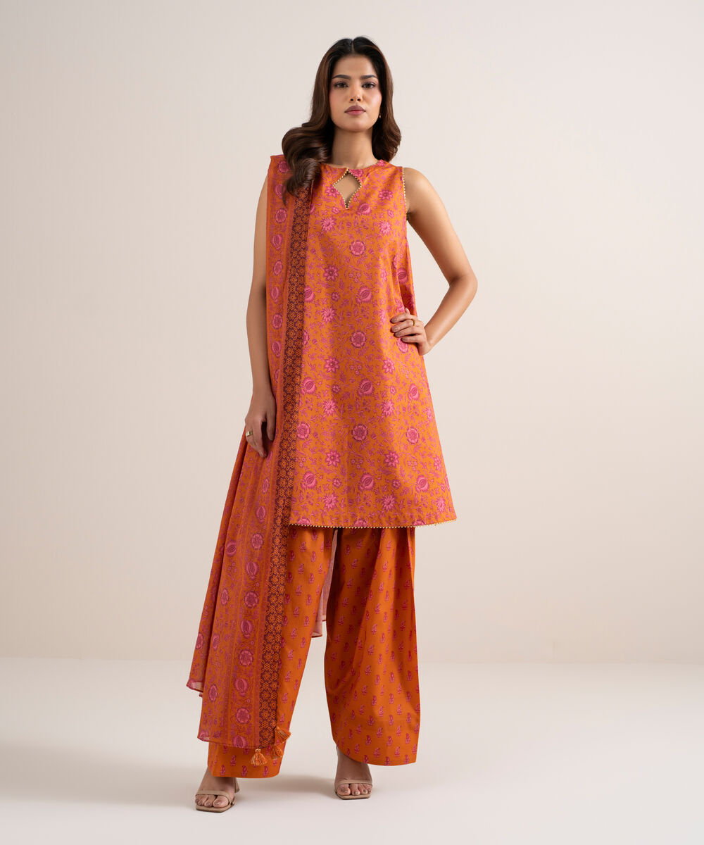 Women's Unstitched Lawn Printed Peach 3 Piece Suit