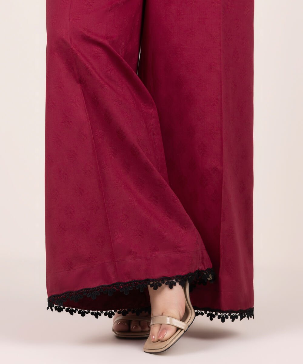 Women's RTW Self Jacquard Solid Red Flared Pants