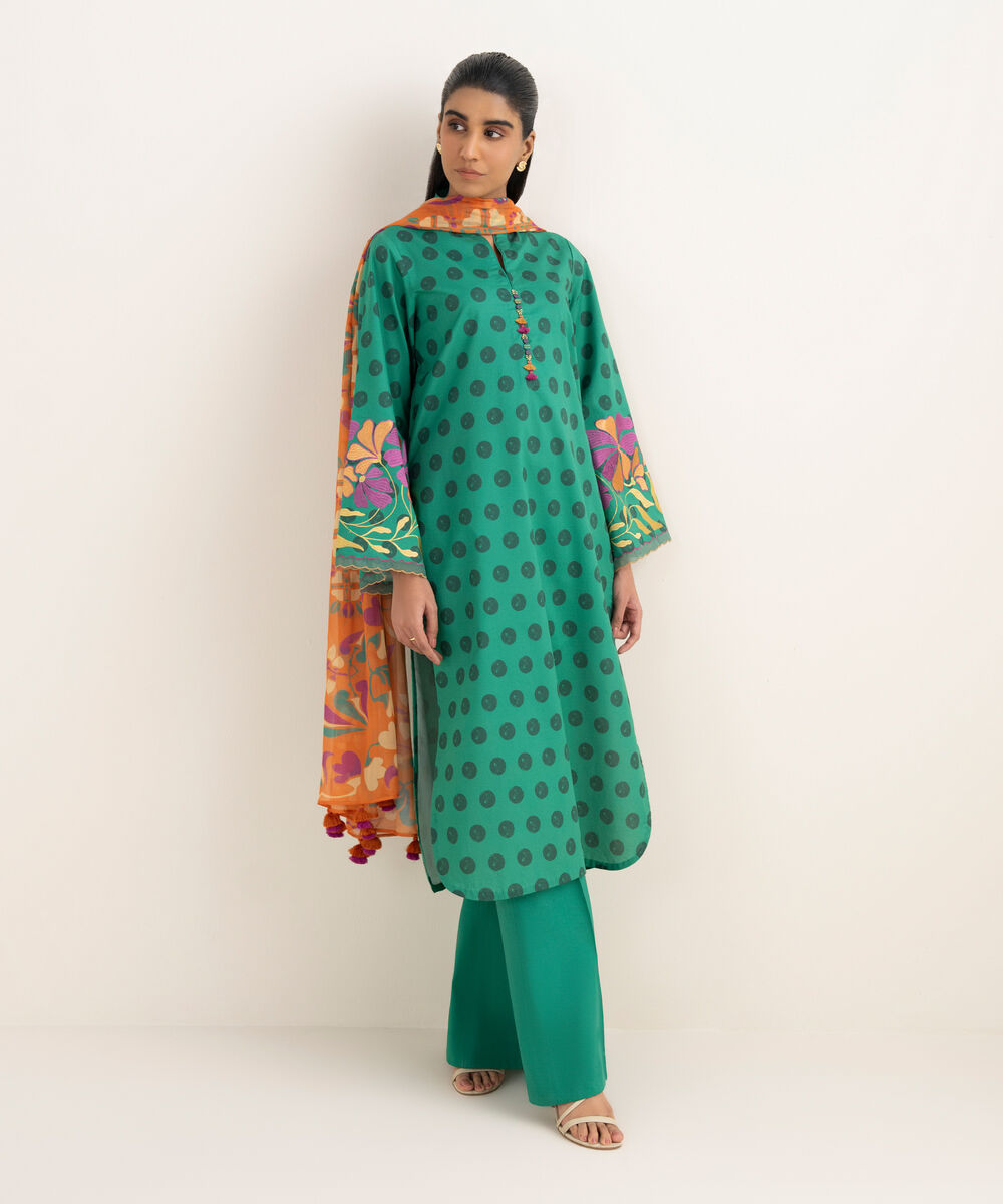 Women's Unstitched Lawn Printed Green 3 Piece Suit