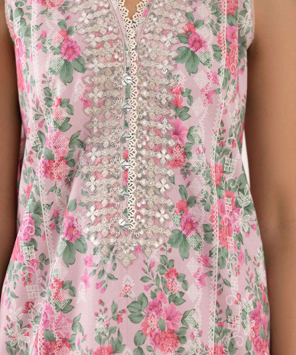 Women's Unstitched Cotton Viscose Embroidered Pink 3 Piece Suit