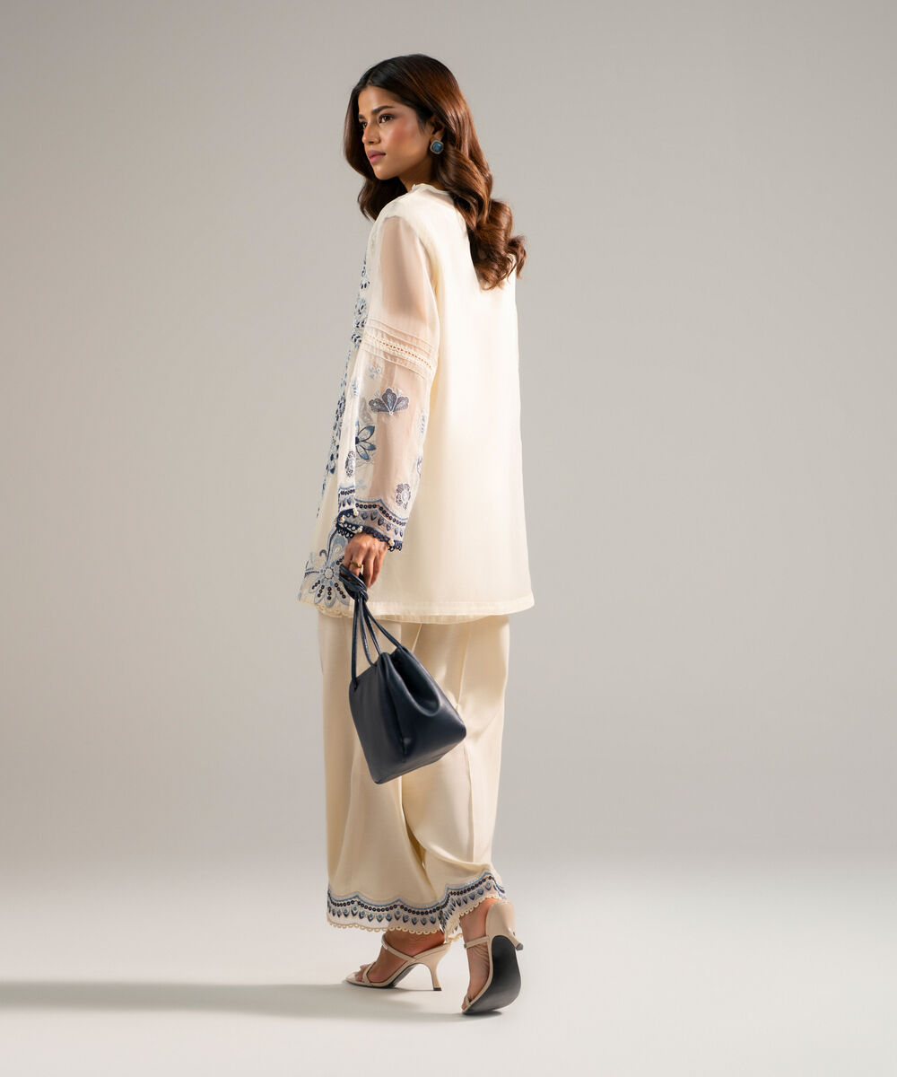 Women's RTW Organza Embroidered Off White 2 Piece Suit