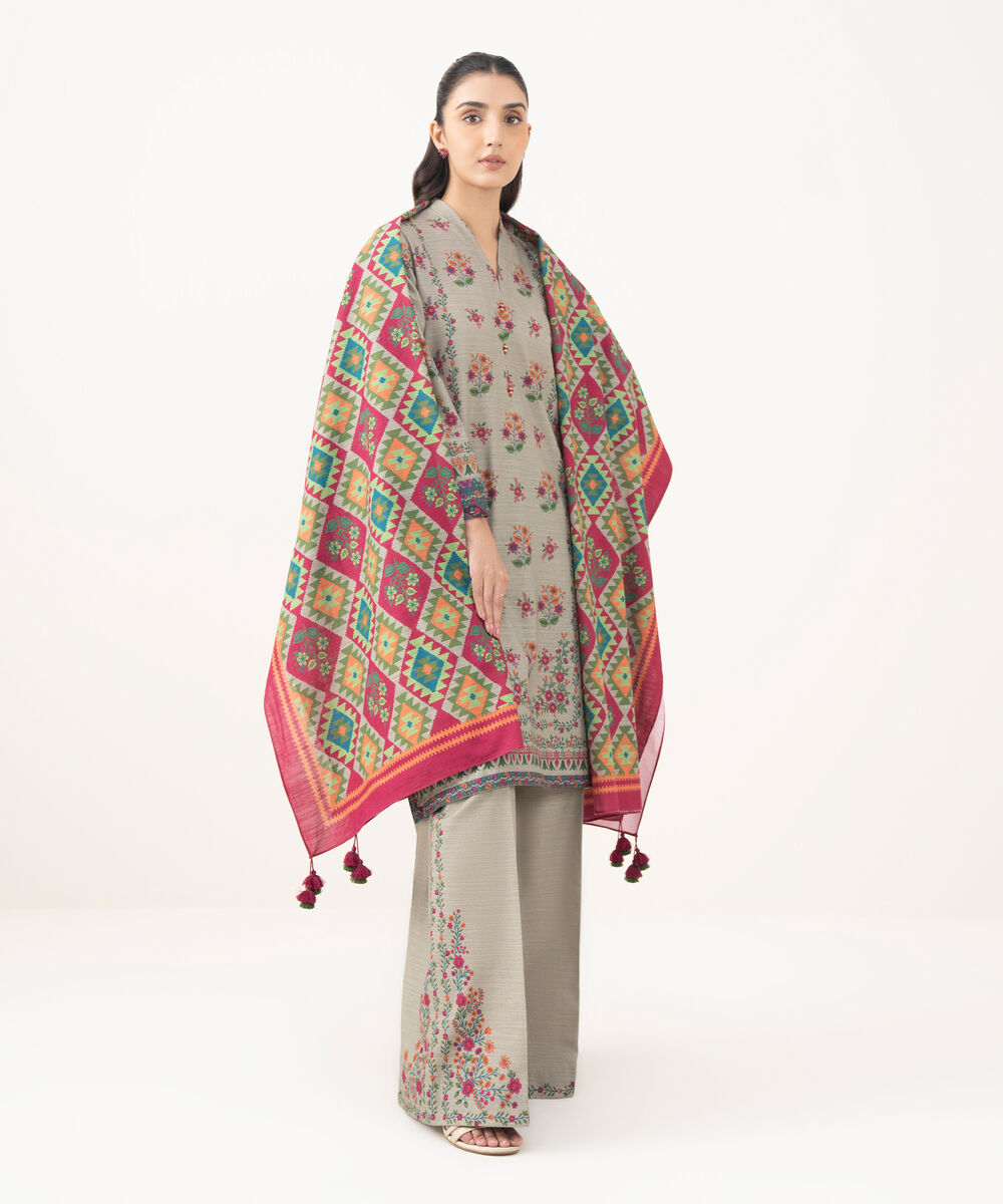 Women's Unstitched Khaddar Printed Beige   3 Piece Suit