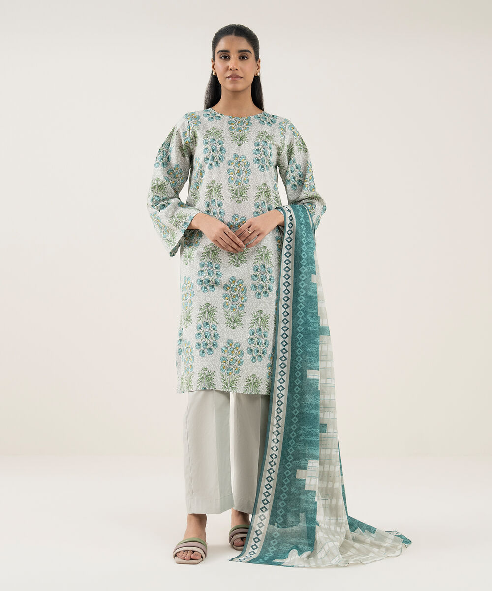 Women's Unstitched Lawn Printed Green 3 Piece Suit