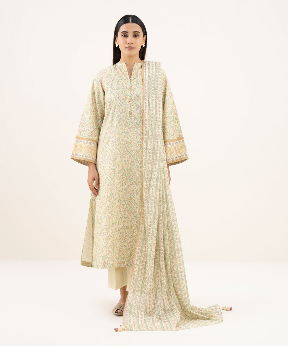 Women's Unstitched Cotton Printed Yellow 3 Piece Suit