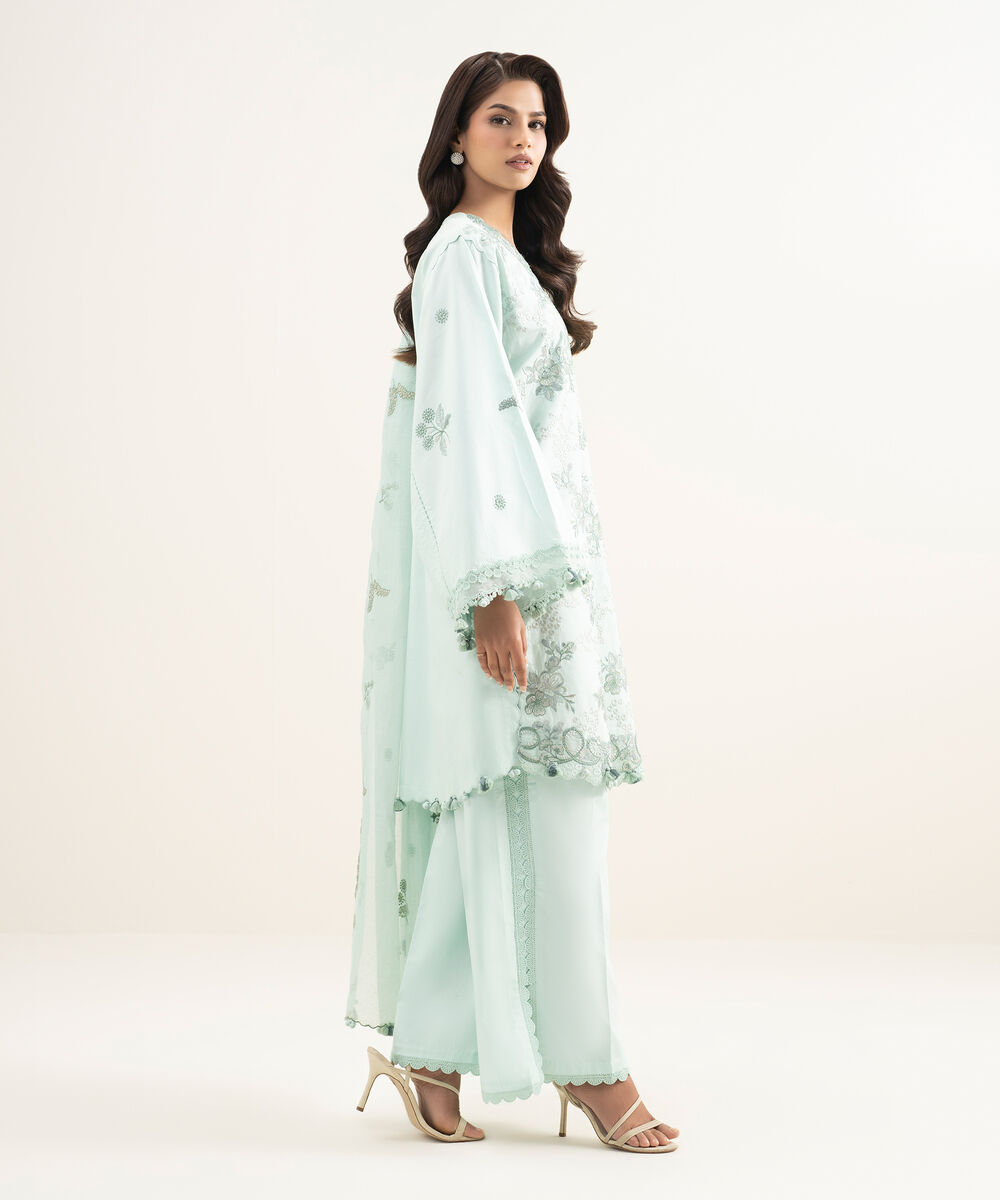 Women's Unstitched Lawn Embroidered Blue 3 Piece Suit