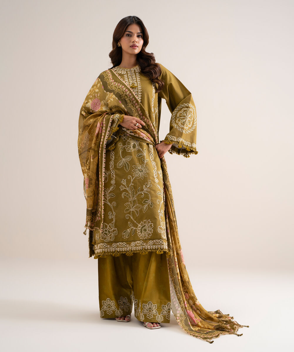 Women's Unstitched Embroidered Dobby Olive Green 3 Piece Suit