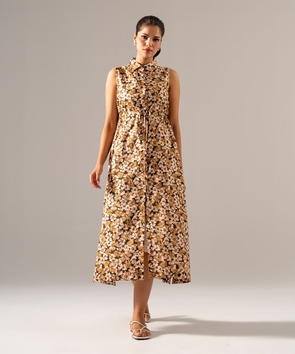 Women's RTW Cotton Viscose Printed Brown Dress