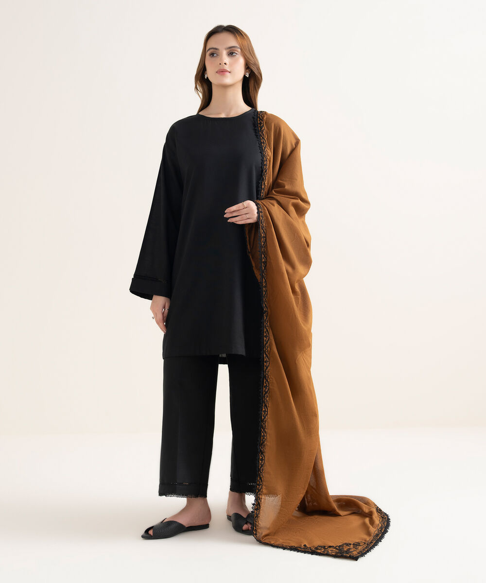 Fine Voile Embroidered Brown Dupatta