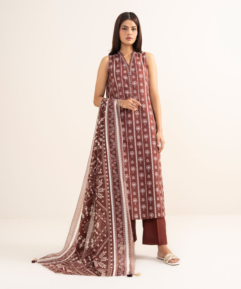 Women's Unstitched Lawn Printed Red 3 Piece Suit