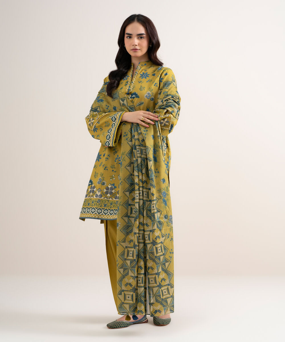 Women's Unstitched Cotton Embroidered Yellow 3 Piece Suit