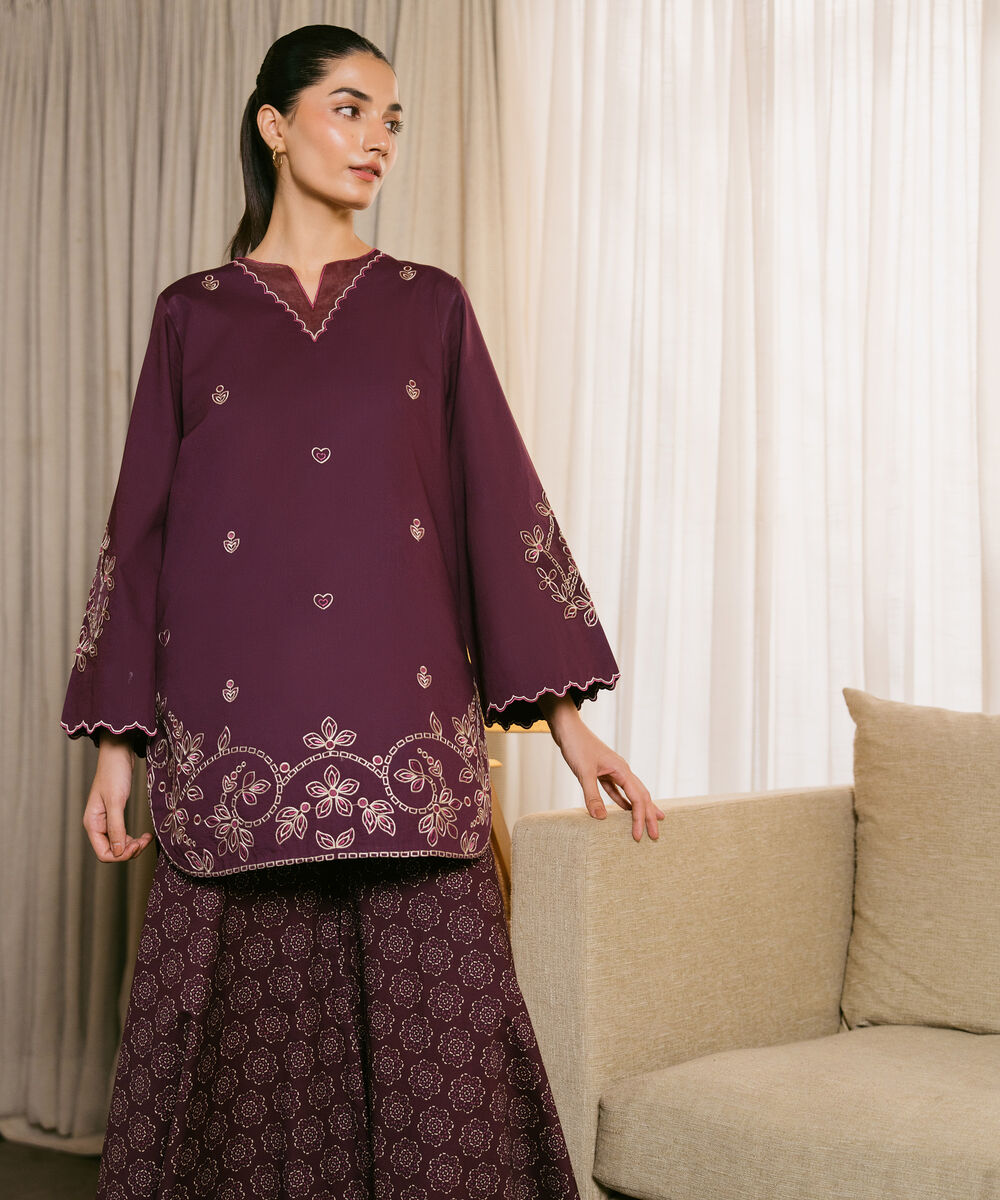 Women's Unstitched Cotton Embroidered Purple 2 Piece Suit