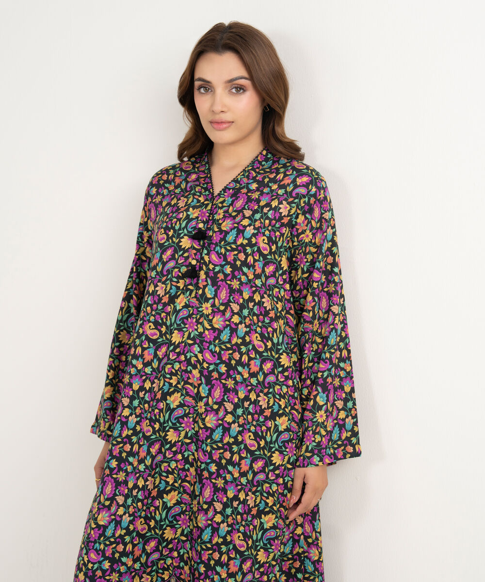 Women's RTW Arabic Cambric Embroidered Black Straight Shirt