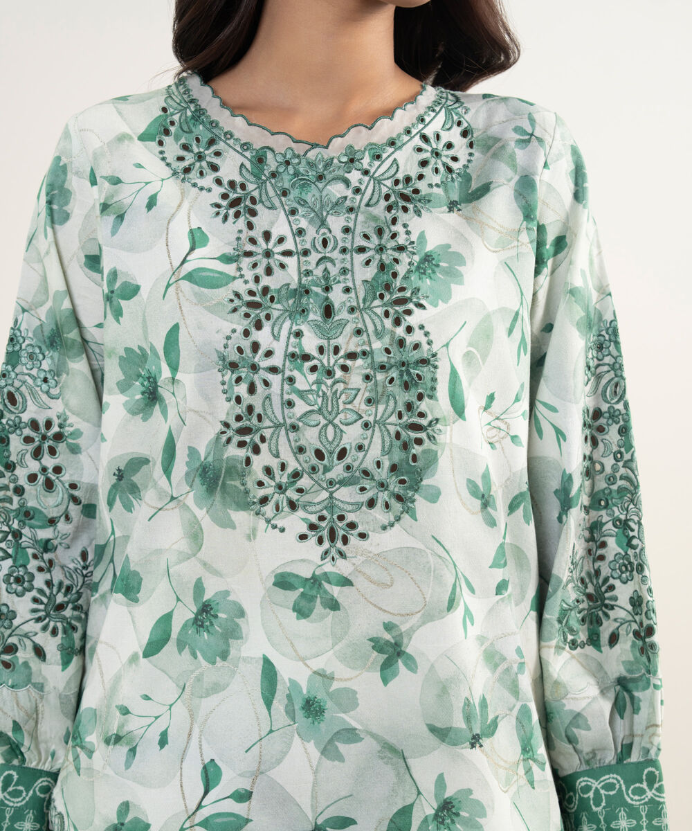 Women's Unstitched Cotton Jacquard Embroidered Green and Off White 3 Piece Suit