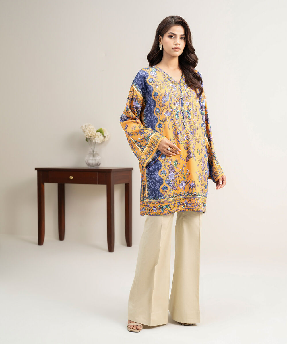 Women's RTW Premium Visocose Satin Printed Orange Drop Shoulder Shirt