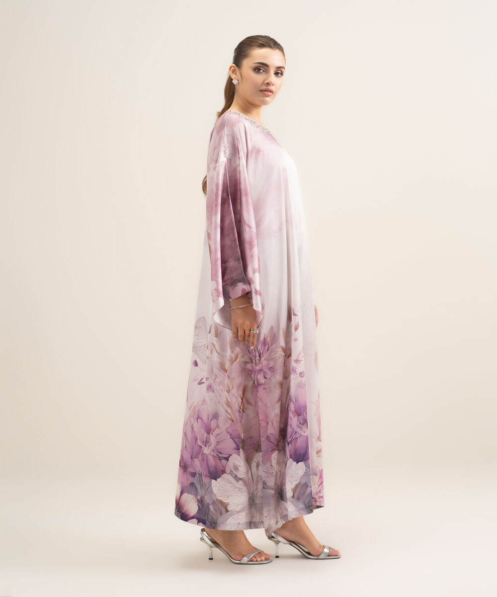 Women's RTW Blended Satin Printed Purple 2 Piece Suit